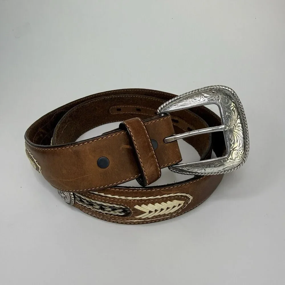 Tony Lama Men’s 34 Western Leather Belt Concho Braided Inlay (39” Length) 7569L